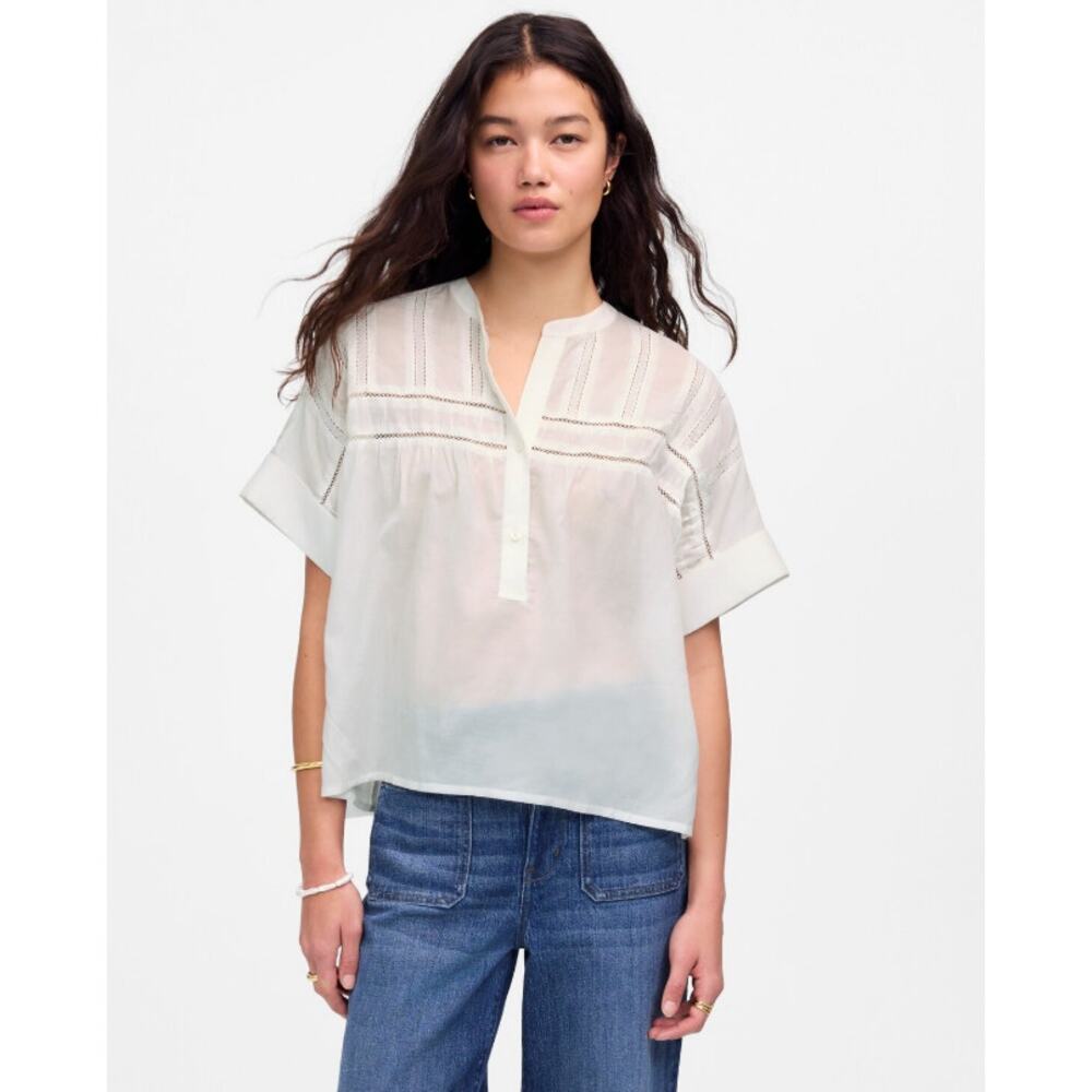Madewell Lace-Inset Pintucked Henley Top S White Cuffed Short Sleeve Semi Sheer